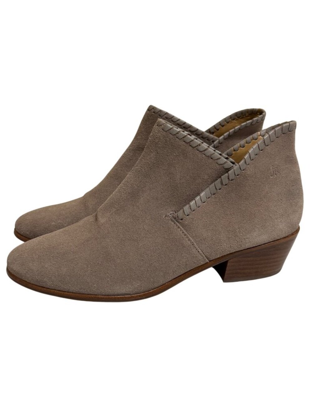 Jack Rogers Ankle Boots Taupe Suede Low Heel Slip On Braided Trim Size 8.5